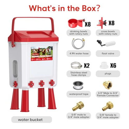 3 Gallons Automatic Chicken Waterer with 8 Chicken Water Cups, 8 Nipples, 6 Plugs, Float-Controlled Chicken Water Feeder with 60 Inch 3/4'' Water Hose, Poultry Waterer Perfect for Chicks, Duck, Goose