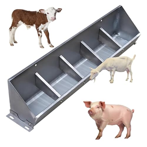 Heavy Duty 2-in-1 Livestock Feed Trough for Pigs, Sheep, and Cattle - Stainless Steel Hanging Goat Feeder, Sloped Opening, Separated Fence Design, 39.4" Long, Easy Access Feeding. - size: 39.4 inch Long with 5 Bit