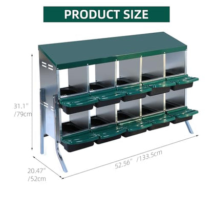 Chicken Nesting Box, 2-Tier Chicken Laying Boxes for Hens, 10 Compartments Chicken Laying Box, 10 Room Metal Nesting Boxes for Chicken, Roll Away Nest Box with Lid Cover to Protect Eggs, 10 Hole Green
