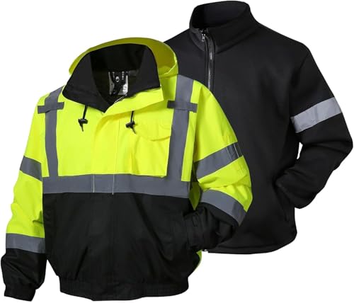 SKSAFETY 3-in-1 High Visibility Winter Bomber Jackets Zip Out Fleece Liner Reflective Safety Coats for men Waterproof ANSI/ISEA Class 3(Lime 6XL) - color: Lime, size: 6X-Large