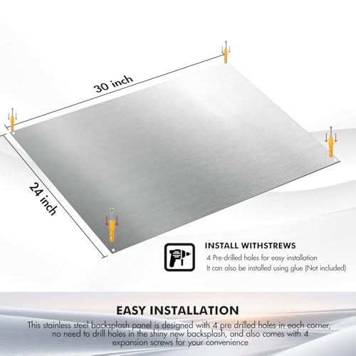 Micmi 24" x 30" Stainless Steel Backsplash for Stove, Reversible Flat Metal Guard Range Hood Wall Shield for Kitchen, Easy Clean and Installation with Four Pre Drilled Holes - style: Range Hood Wall Backsplash