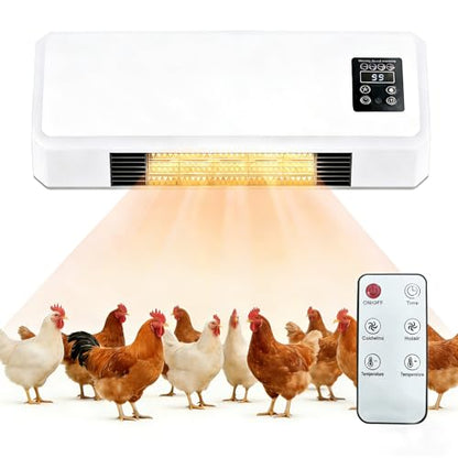 1500W Chicken Coop Heater for Winter，Wall-mounted 2-Mode Heater for Chicken Cages,5S Fast Heating & Adjustable Temperature (77~99℉)，Warm Stoves for Poultry and Pets in Winter