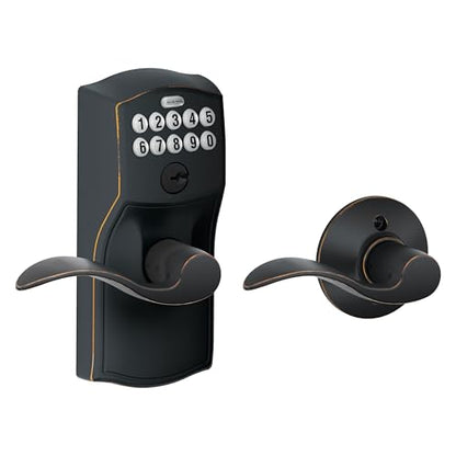 Schlage Camelot Keypad Lock with Lever Handle, Electronic Keyless Door Entry, Auto‑Lock Enabled, Aged Bronze, FE575 CAM 716 ACC - color: Aged Bronze, size: Accent Lever