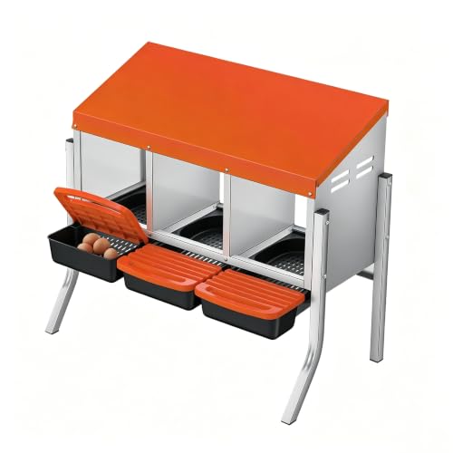 Garvee Heavy Duty Galvanized Chicken Nesting Box - Roll Away Egg Tray - 3 Compartments, Removable Lid, Ventilated, Wall Mount or Freestanding, for Poultry Coop with Bracket, Orange - color: Orange, size: 3 holes with legs