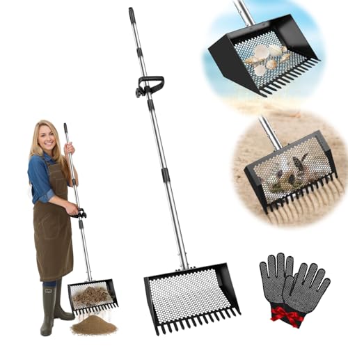 Sand Flea Rake, Heavy Duty Sand Sifter with 23" - 66" Adjustable Stainless Steel Handle, Large Litter Scoop for Beach, Chicken Coop, Farm, Garden & Yard