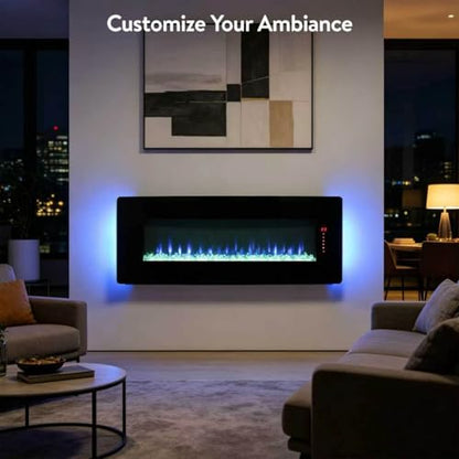 48" Curved Glass Electric Fireplace, Wall Fireplace Electric with Remote Control, 4 Adjustable Flame Colors, Wall Mounted/Freestanding, 1400W Fireplace Heater, Backlight, 3 Media Bed, Timer - size: 48 Inch Standard