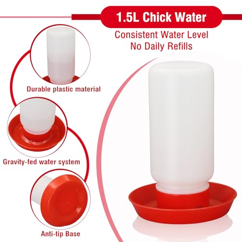 Chick Feeder and Waterer Set No Waste Automatic 1L Chicken Feeder and Waterer for Baby Chicks, Ducks, and Quail – Brooder Starter Kit (Red) - color: Red and White