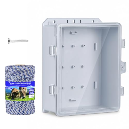 Outdoor Electrical Box Waterproof, 8.94×7.48×3.78 Inch Waterproof Enclosure with 656 Feet/200 Meters Electric Fence Rope Polywire,for Outdoor/Small Electric Fence Charger Installation (with clear lid) - size: Polywire with Insulators