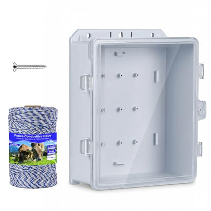Outdoor Electrical Box Waterproof, 8.94×7.48×3.78 Inch Waterproof Enclosure with 656 Feet/200 Meters Electric Fence Rope Polywire,for Outdoor/Small Electric Fence Charger Installation (with clear lid) - size: Polywire with Insulators