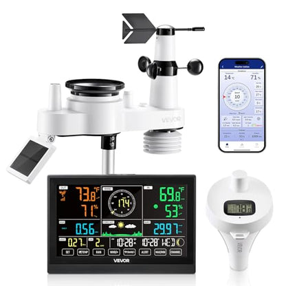 VEVOR 7-in-1 Wi-Fi Weather Station with APP, 7.5 in Display, Wireless Solar Powered Outdoor Sensor, with Pool Thermometer, Rain Gauge, Indoor Outdoor for Weather Forecast, Wind Speed, Pool Temperature - style: 7in1 WiFi with Pool Thermometer