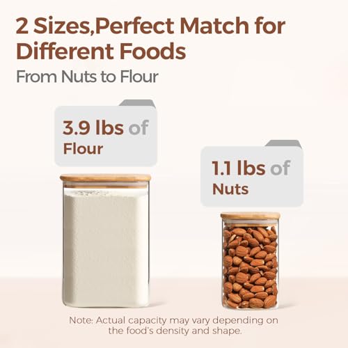 ComSaf Glass Food Storage Containers, 3.6Qt/1.2Qt Glass Flour and Sugar Containers with Airtight Lids, Large Square Jars with Bamboo Lids for Rice, Pasta, Oats, Grains, Cookies, Snacks, Candy - color: 3.6Qt/1.2Qt-Square