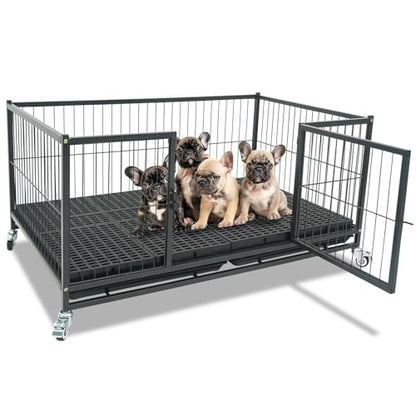Homey Pet 43'' Whelping Box for Dogs and Puppies, Taller Heavy Duty Dog Whelping Box Puppy Playpen with 4 Wheels, Front Door, Top Open, Stackable Metal Dog Crate Cage Kennel Indoor