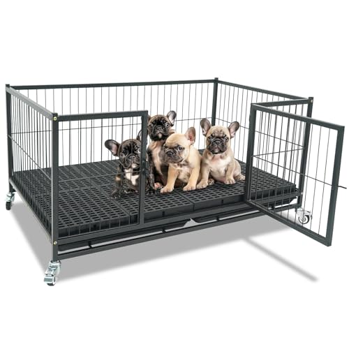 Homey Pet 43'' Whelping Box for Dogs and Puppies, Taller Heavy Duty Dog Whelping Box Puppy Playpen with 4 Wheels, Front Door, Top Open, Stackable Metal Dog Crate Cage Kennel Indoor