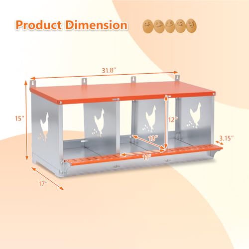 Heavy-Duty Wall-Mounted Metal Nesting Box for Backyard Chickens and Ducks with Ventilation and Easy Egg Access (3-Orange)