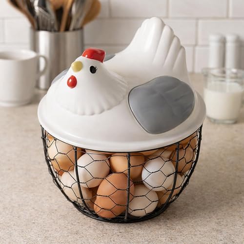 Chicken Egg Basket Metal Iron Wire Egg Collection Basket Vegetable Fruit Basket Farmhouse Decorative Storage with Ergonomic Handles Suitable for, Gray Lid