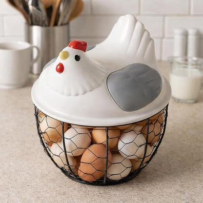 Chicken Egg Basket Metal Iron Wire Egg Collection Basket Vegetable Fruit Basket Farmhouse Decorative Storage with Ergonomic Handles Suitable for, Gray Lid