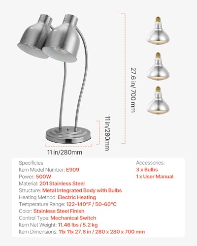 VEVOR Food Heat Lamp, 500W Electric Commercial Food Warmer Light, 2-Head Stainless Steel French Fry Heating Lamp with 3 Bulbs, Catering Food Warming Equipment for Kitchen, Buffet, Restaurant, Silver - style: Tabletop