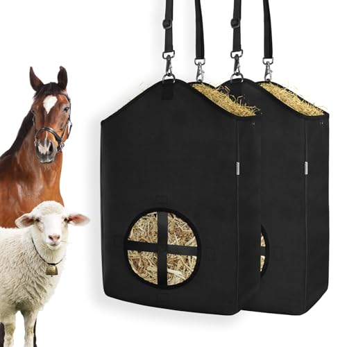 Hay Bags,Slow Feed Hay Bags for Horses,Goats,Donkeys with Reinforced Oxford Fabric and High Strength Metal Clasp,Horse Feeding Supplies with Strap for Easy Hanging (2 Black) - color: 2 Black