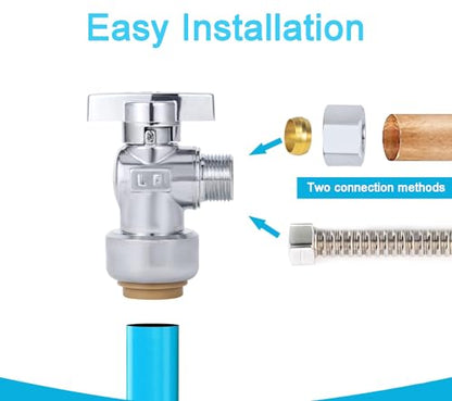 Angle Stop Valve, PushFit Angle Stop Valve,Angle Water Shut Off Valve 1/2 x 3/8 Inch Compression, Toilet Water Valve, 1/4 Turn, No Lead Brass Push to Connect Plumbing Fitting（2PCS） - size: 2 Pack 1/2" x 3/8" Compression
