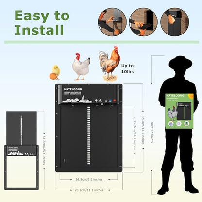 Smart Chicken Coop Door with Programmable App Timer, Solar Powered/Battery Backup, Motion-Activated Anti-Pinch System, Heavy-Duty Waterproof Aluminum Door for Hens & Ducks - MATELOONG