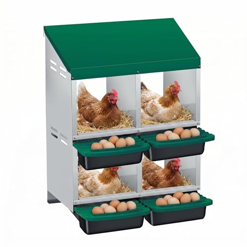 2-Tier Chicken Nesting Boxes, 4 Compartment Metal Stainless Steel Chicken Laying Boxes with Removable Roll-Away Trays, Vented Holes & 2-in-1 Perch for Chickens Ducks Birds Green - color: Green, size: 2-Tier 4 Compartment