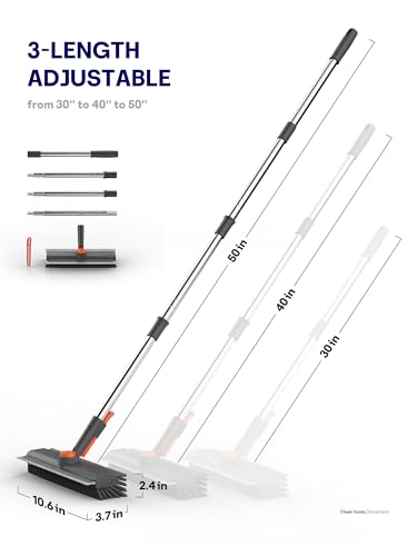 Floor Scrub Brush with Long Handle, 3 in 1 Multi-angle Swivel Right Angled Bristle Floor Scrubber Brush with Squeegee and Tweezer for Cleaning Tile Wall Deck Bathroom Patio Garage Kitchen (Grey) - color: Gray