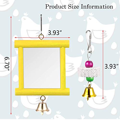 2Pcs Chicken Mirror Toys for Hens Hanging Swing Mirror Toys with Bells and Beak Grinding Molar Stones for Roosters Hens Birds Parrots (Yellow and Red)