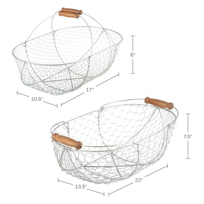 Garden Harvest Basket 2-Pack - Large and Small Gathering Hod for Veggies, Picnic or Farmhouse Decor - Rust-Resistant Mesh and Wood Handle Chicken Egg Basket for Collecting Eggs by Kings County Tools