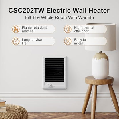 CSC202TW Electric Wall Heater Complete Unit with Thermostat, 2000 Watt 6825BUT, 240 Volt, Part 67507, White