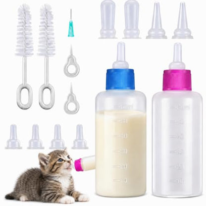 Tondiamo 17 Pcs Kitten Bottle Feeding Kit Puppy Bottles for Nursing Puppy Milk, Replacement Nipples Cleaning Brushes Bottle Opening Needles for Newborn Pet Cat Dog Rabbit Goat - color: Blue, Pink