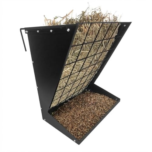 2 in 1 Wall Mounted Hay & Grain Feeder, Livestock Hay Rack with Adjustable Mounting Distance, Hanging Feed Box for Goats, Sheep, Horses, Cattle, Indoor Outdoor Farm & Barn Use, Black - color: Black