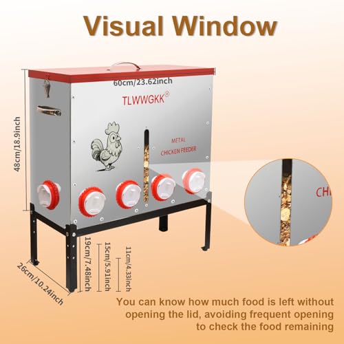 85 lbs Large Automatic Chicken Feeder - 10-Port No-Waste Dispenser with Visual Window & Height-Adjustable Legs - Rodent/Goat Proof, All-Weather Heavy-Duty Galvanized Metal Design for Outdoor Poultry