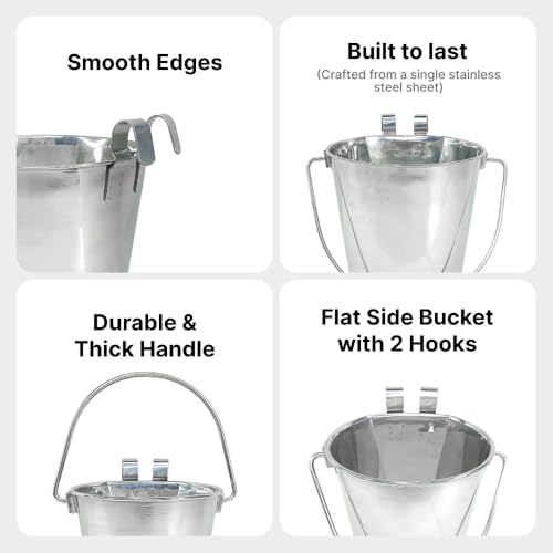 1 Gallon Stainless Steel Bucket - Heavy Duty Flat-Side Metal Bucket for Pets & Livestock Feeding - Rust Resistant Water Bucket with Hooks for Kennels, Cages, Crates & Fences - 4 Quart - size: 4 Quarts