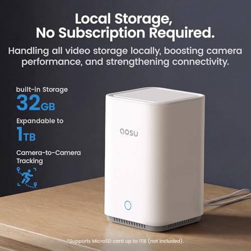 aosu Wireless Outdoor Security Camera Kit with aosuBase Local Storage, 2K with 6X Zoom, 4-View Live, Cross-Camera Person Timeline, PIR + AI Human Detection, Color Night Vision, 4-Cam-Kit