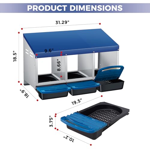 Chicken Nesting Boxes Ventilated Heavy Duty 3-Compartment Roll-Away Egg Collection, Galvanized Steel, Wall Mount or Stand, Pull-Out Trays – Blue, Three Grids - color: Blue, size: 3 Holes