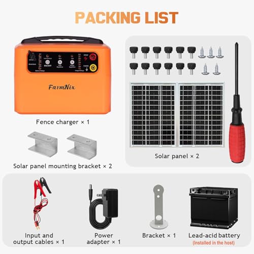 6-12KV Adjustable Output Solar Fence Charger,30 Miles Electric Fence Charger for Livestock,1.5J Solar Charger,15W Solar Electric Fence,24H Protection Solar Powered Electric Fence Kit - color: Orange