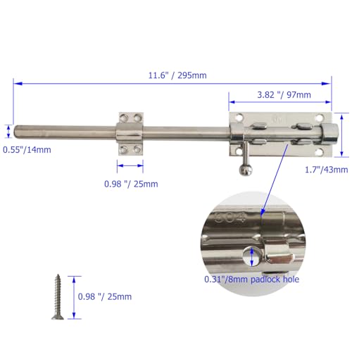 Barrel Bolt Latch Heavy Duty, 304 Stainless Steel Gate Latch Slide Lock with Padlock Hole, 14mm Dia. Rod Security Sliding Bolt Gate Latch for Wooden Gates- 12 Inch, Silver - size: 12 Inch - Silver