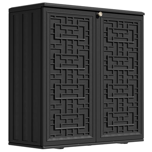 ZZM HDPE Outdoor Storage Shed, Outdoor Plastic Storage Cabinet, Horizontal Resin Tool Shed for Garden, All Weather Outdoor Storage Clearance, DIY Usage, with one Shelf (Black) - color: Black