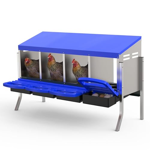 Metal Chicken Nesting Box with Easy-Collect Tray & Lid – 3/4/2x2 Compartment Heavy Duty Roll Away Nesting Boxes for Chickens, Wall Mount or Freestanding, Galvanized Steel Hen Laying Box for Coop - color: Blue, size: 4 Holes with legs