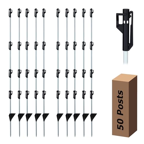 50 Pack Fixed Insulator Fiberglass Posts, 48 Inch Fiberglass Electric Fence Posts, Easy Step-in Posts for Livestock Fencing, Garden Fencing and Boundary Marking,Grey - color: Grey