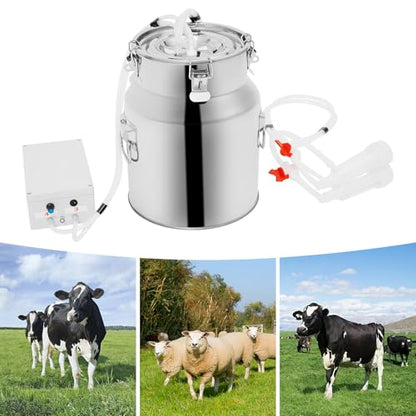 14L Electric Pulsation Milking Machine, Portable Vacuum Pump Milker with Adjustable Pressure Milk Bucket & Tube Cleaning Brushes, Farm Milking Equipment for Cows Goats (14L) - size: 14L