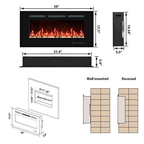 36" Electric Fireplaces Inserts, Recessed & Wall-Mounted Fireplace Heater with Thermostat, Multicolor Flames,Timer, Log & Crystal, 750/1500W - size: 36 inch