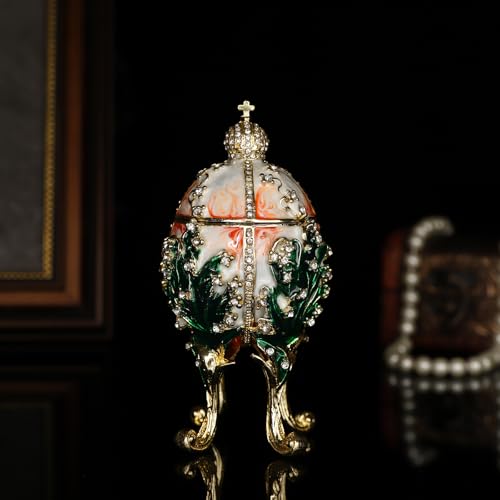 QIFU Hand Painted Orange White Faberge Egg Style Enamel Trinket Box Hinged, Unique Gift for Family - color: Orange White