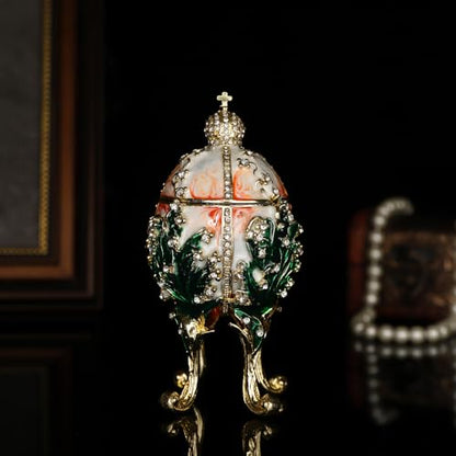 QIFU Hand Painted Orange White Faberge Egg Style Enamel Trinket Box Hinged, Unique Gift for Family - color: Orange White