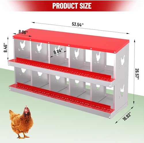 Chicken Nesting Box, 10 Compartment Metal Chicken Nesting Boxes for Chicken Coop, Large Vented Holes Chicken Laying Boxes with Rollout Egg Collection, Wall Mount Chickens Coops - color: Red, size: 10 Holes