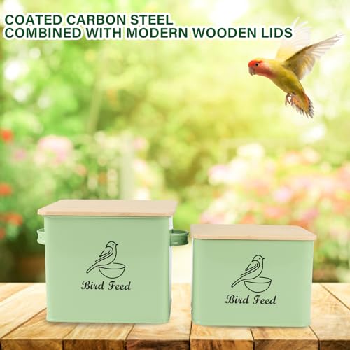 Airtight Bird Seed Storage Container Set of 2, 10LB Metal Bird Food Container with Bamboo Lids,Wild Bird Seed Tin for Storing Sunflower Seed-Squirrel proof -Green - color: Green(Bird Feed)