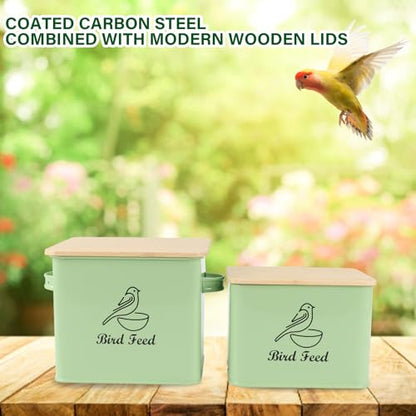 Airtight Bird Seed Storage Container Set of 2, 10LB Metal Bird Food Container with Bamboo Lids,Wild Bird Seed Tin for Storing Sunflower Seed-Squirrel proof -Green - color: Green(Bird Feed)