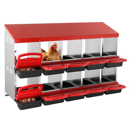 VEVOR Chicken Nest Box, 10-Compartment, 30 to 45 in Stable & Corrosion-Resistant Mental Nesting Boxes with Inclined Nesting Boxes, Bottom Holes & Resting Platform, Fit for Different Chicken Breeds - size: 51.9"L x 20.6"W x 31.1"H