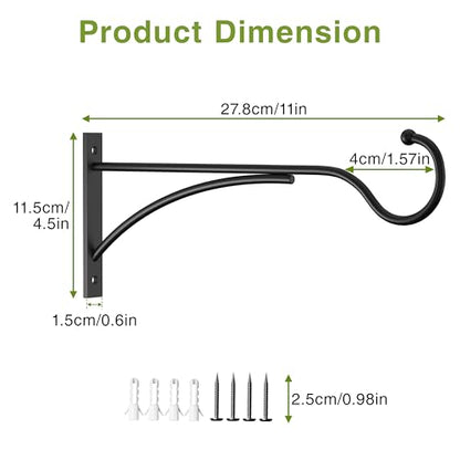 11 Inch 2 Pack Heavy Duty Plant Hangers Outdoor, Metal Plant Brackets for Hanging Baskets, Plant Wall Hooks for Bird Feeders, Wind Chimes & Lanterns, Premium Metal Hooks Matte Black, 30lbs Capacity - size: 11 in, 2 pk
