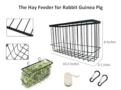 Hay Feeder for Rabbit Guinea Pig Chinchilla Small Animal Bunny Hanging Feeder for Cage Heavy Duty Metal Rack Timothy Veggie Holder (hay feeder*1 + food water cage cup *4 + Pet Teeth Grinding Stone*1) - size: 1* hay feeder + 4 * hanging cage bowls